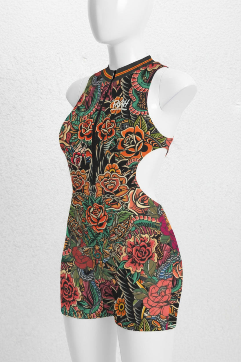 Colorful floral dress on a mannequin against a white background